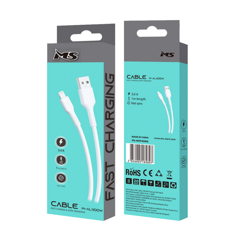 MS CABLE 3A fast charging USB-A 3.0-> LIGHTNING, 1m, MS, white