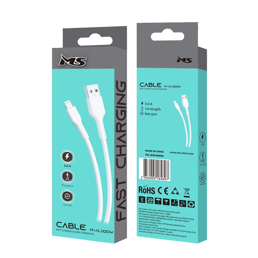 MS-CABLE-3A-fast-charging-USB-A-3.0-LIGHTNING-1m-MS-white MS CABLE 3A fast charging USB-A 3.0-> LIGHTNING, 1m, MS, white - Figura 1