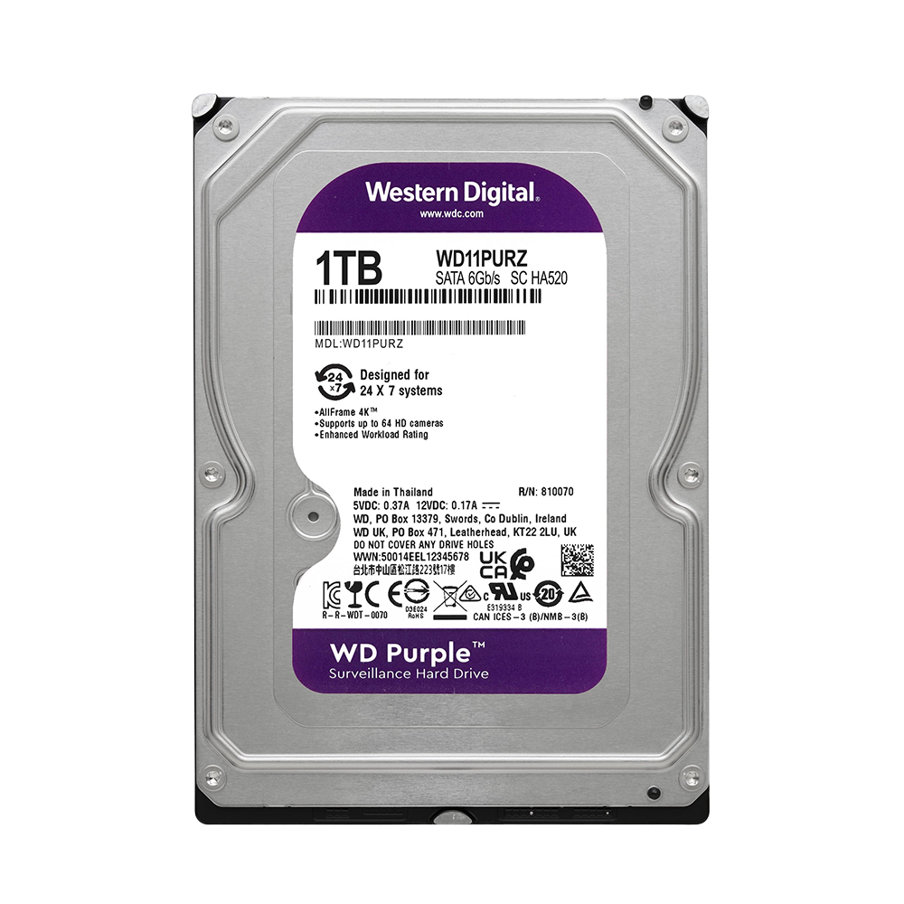 Western-Digital-1TB-WD-Purple-Surveillance-Internal-Hard-Drive-HDD Western Digital 1TB WD Purple Surveillance Internal Hard Drive HDD - SATA 6 Gb/s, 64 MB Cache, 3.5" - WD11PURZ - Figura 1