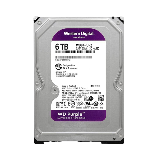 Western Digital 6TB WD Purple Surveillance Internal Hard Drive HDD – SATA 6 Gb/s, 64 MB Cache, 3.5″ – WD64PURZ