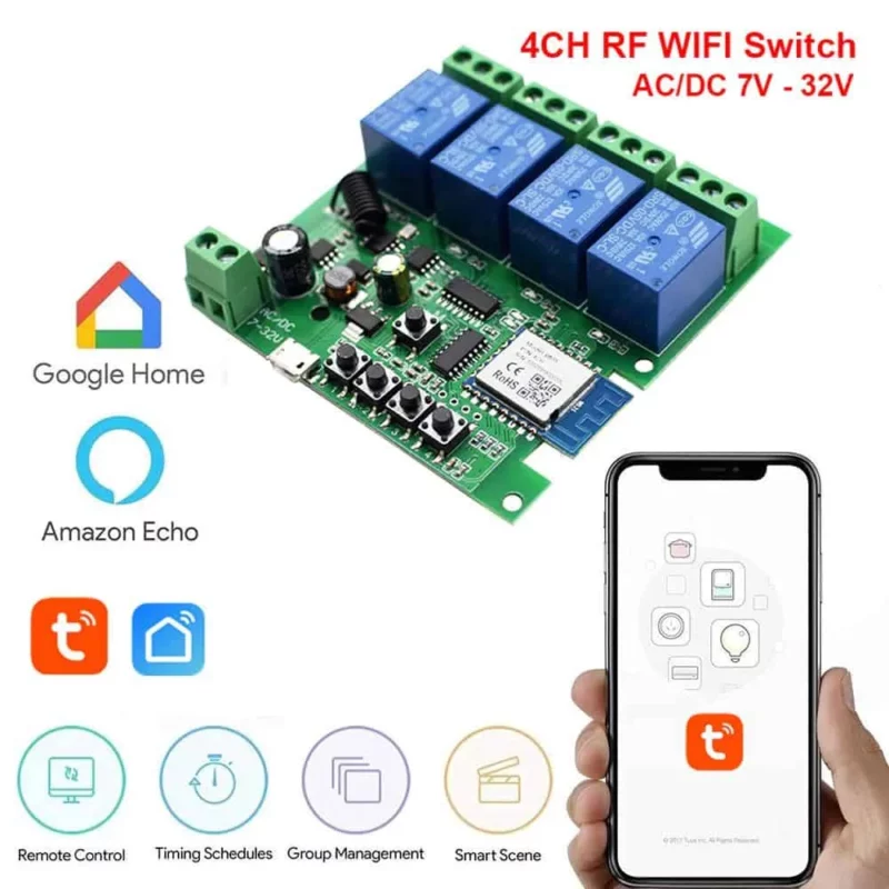 Tuya Wifi+RF 433 4 CH Smart inching Relay, 10A thumbnail 2